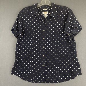 Talbots 100% Silk Button Down Shirt Navy Blue White Polka Dots Sz 16 Preppy